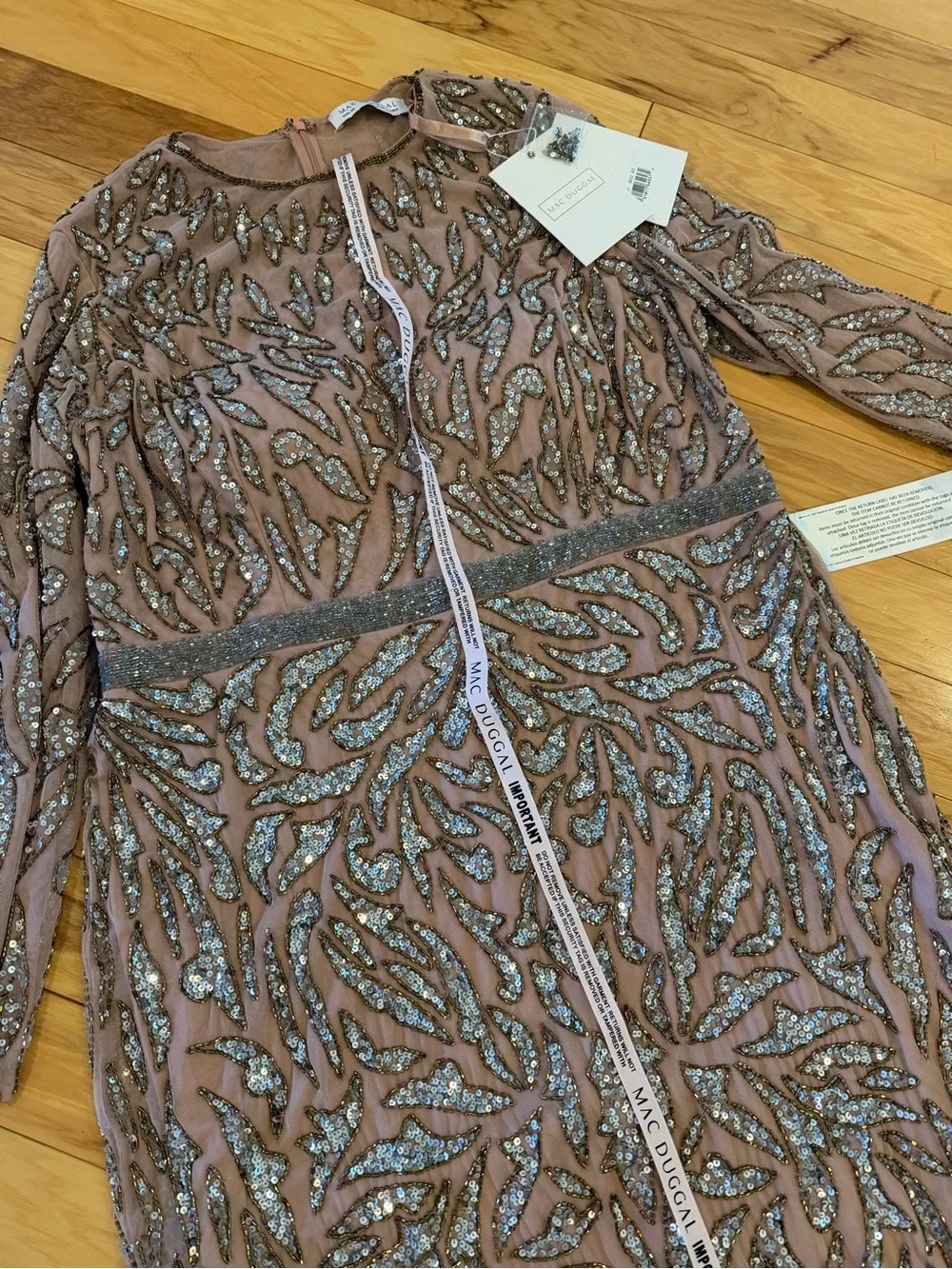 NWT Mac Duggal Size 20 Hand Beaded Sequin Cocktail MIDI Dress Long Sleeve